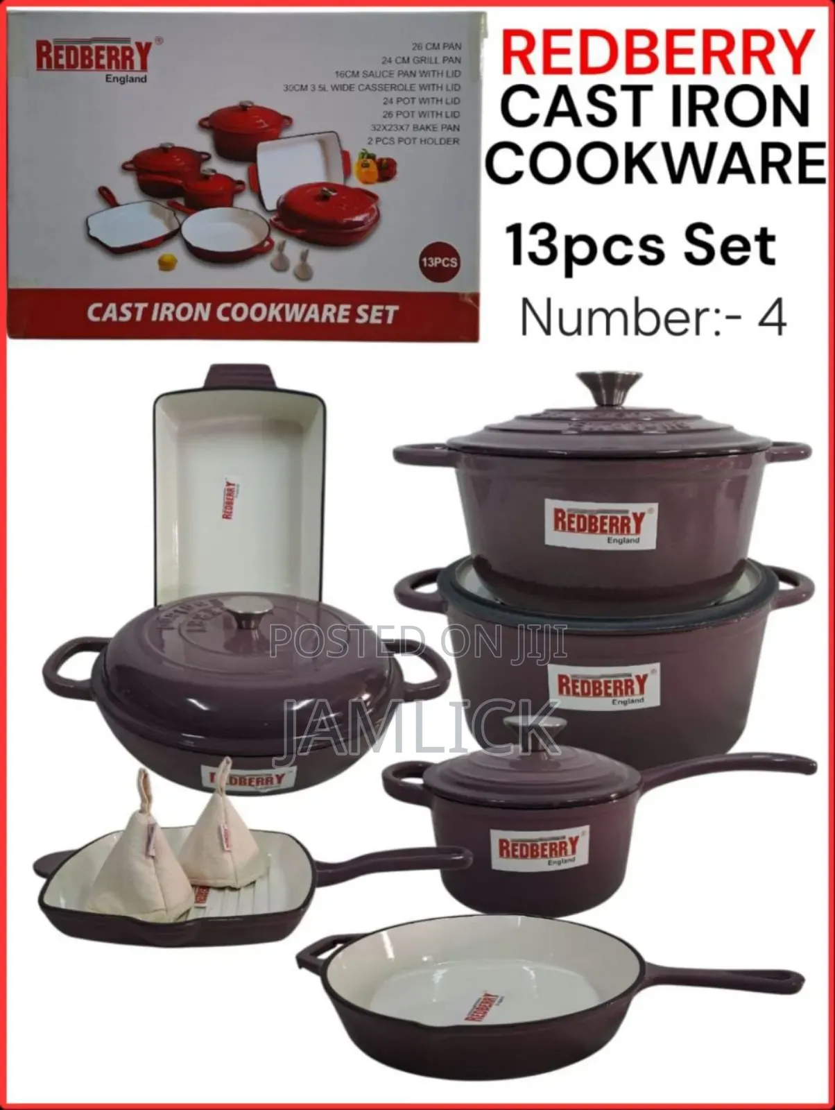 Redberry 13pcs Premium Enamel Coated Cast Iron Cookware Set – Red