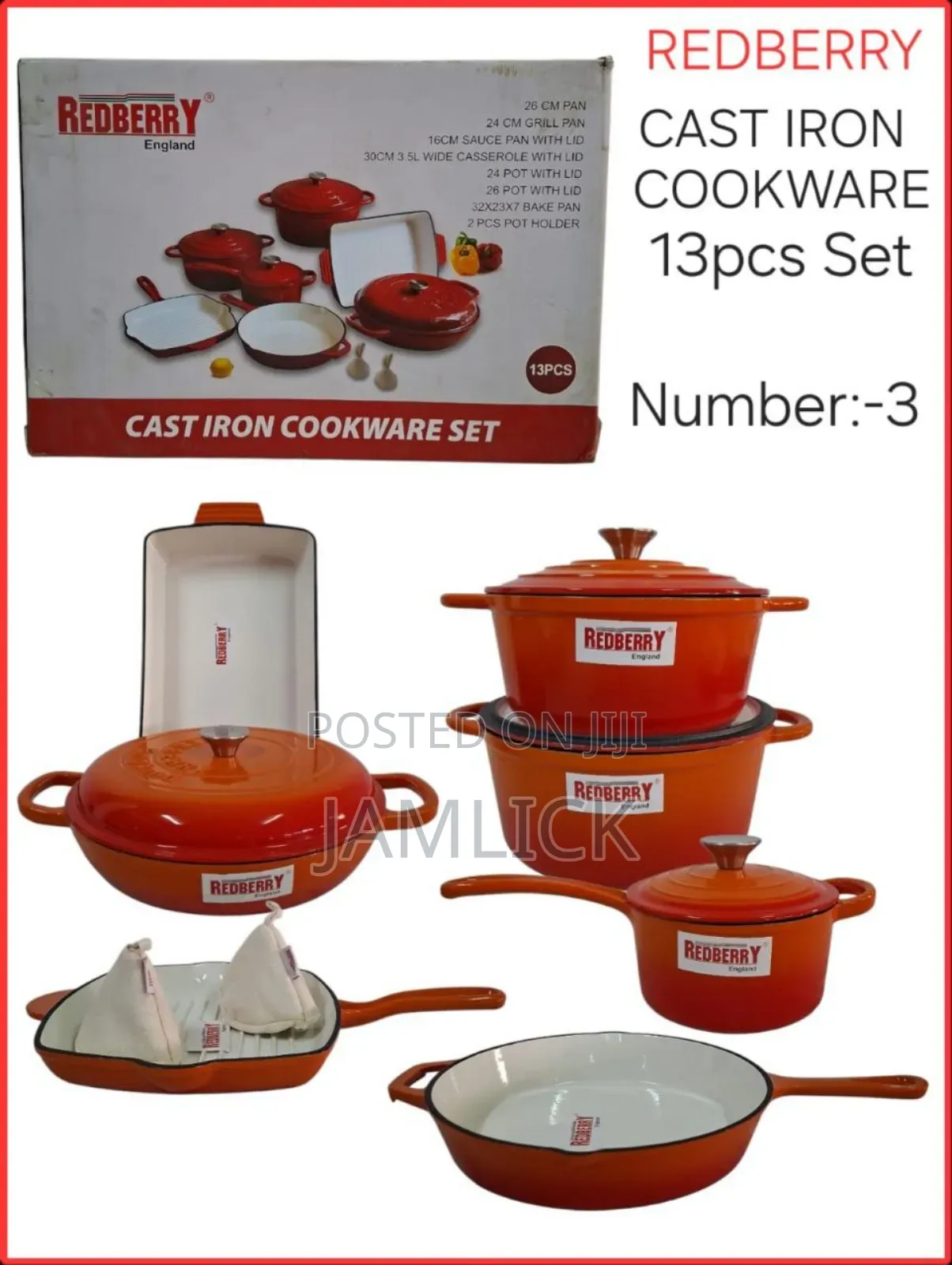 Redberry 13pcs Premium Enamel Coated Cast Iron Cookware Set – Red