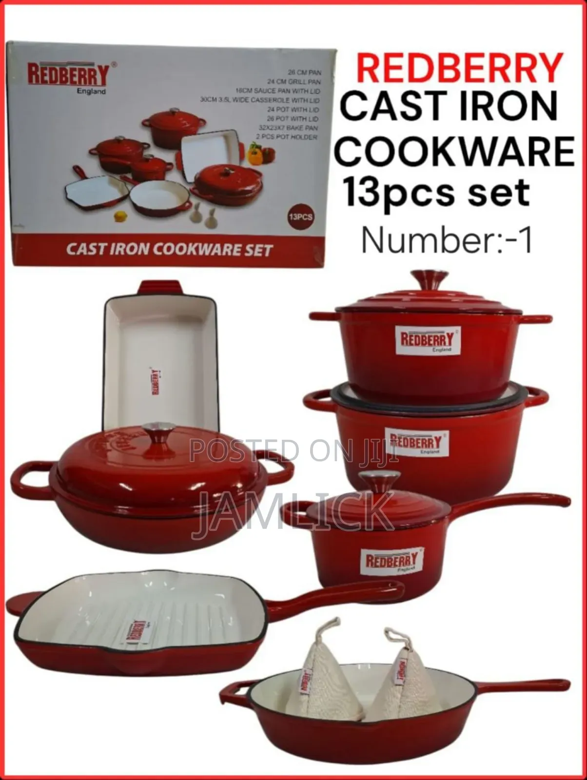 Redberry 13pcs Premium Enamel Coated Cast Iron Cookware Set – Red