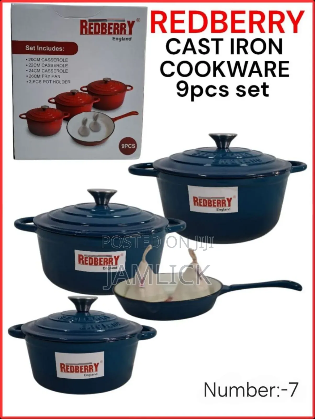 Redberry 9pcs Premium Enamel Coated Cast Iron Cookware Set –Red