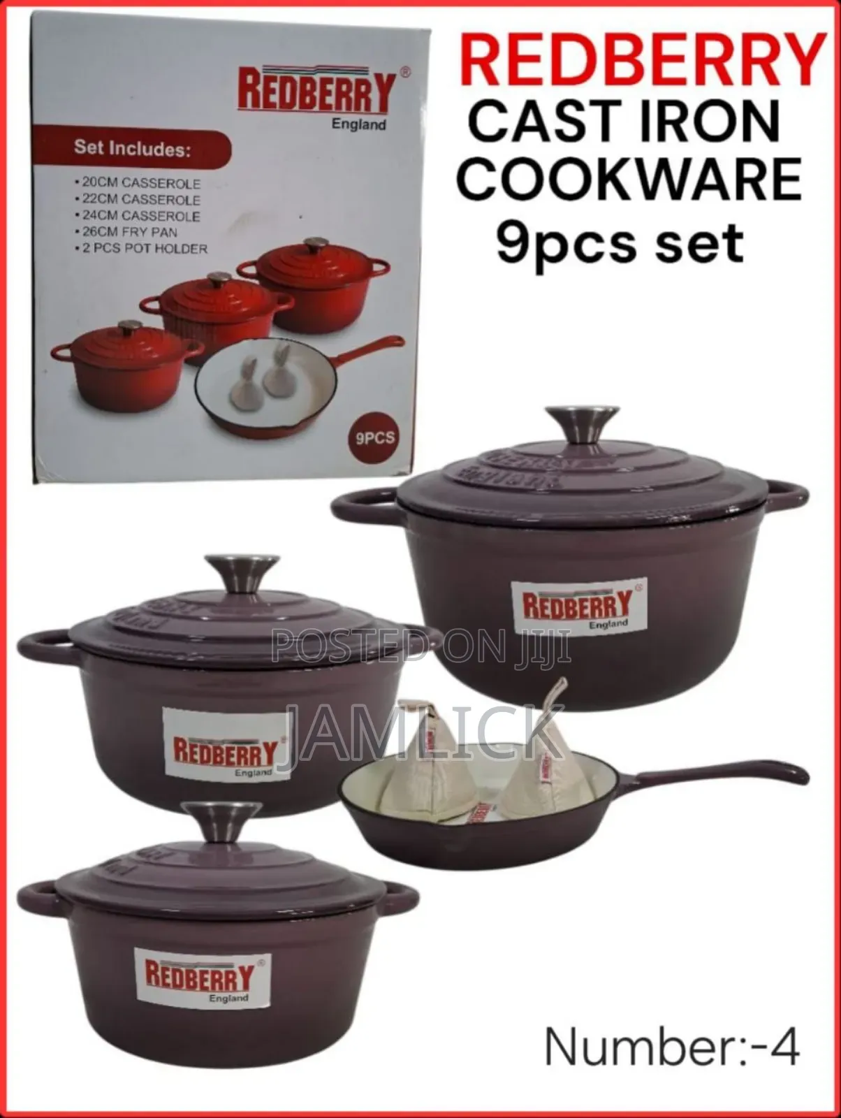 Redberry 9pcs Premium Enamel Coated Cast Iron Cookware Set –Red