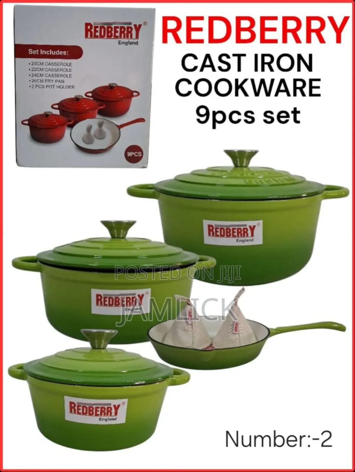 Redberry 9pcs Premium Enamel Coated Cast Iron Cookware Set –Red