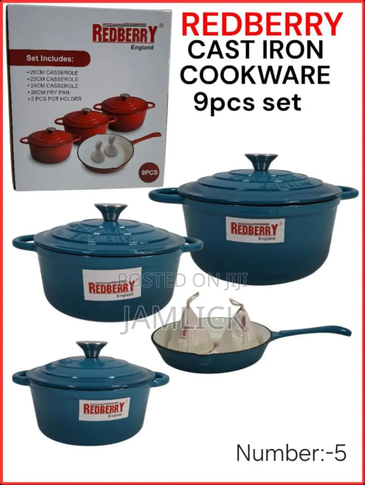 Redberry 9pcs Premium Enamel Coated Cast Iron Cookware Set –Red