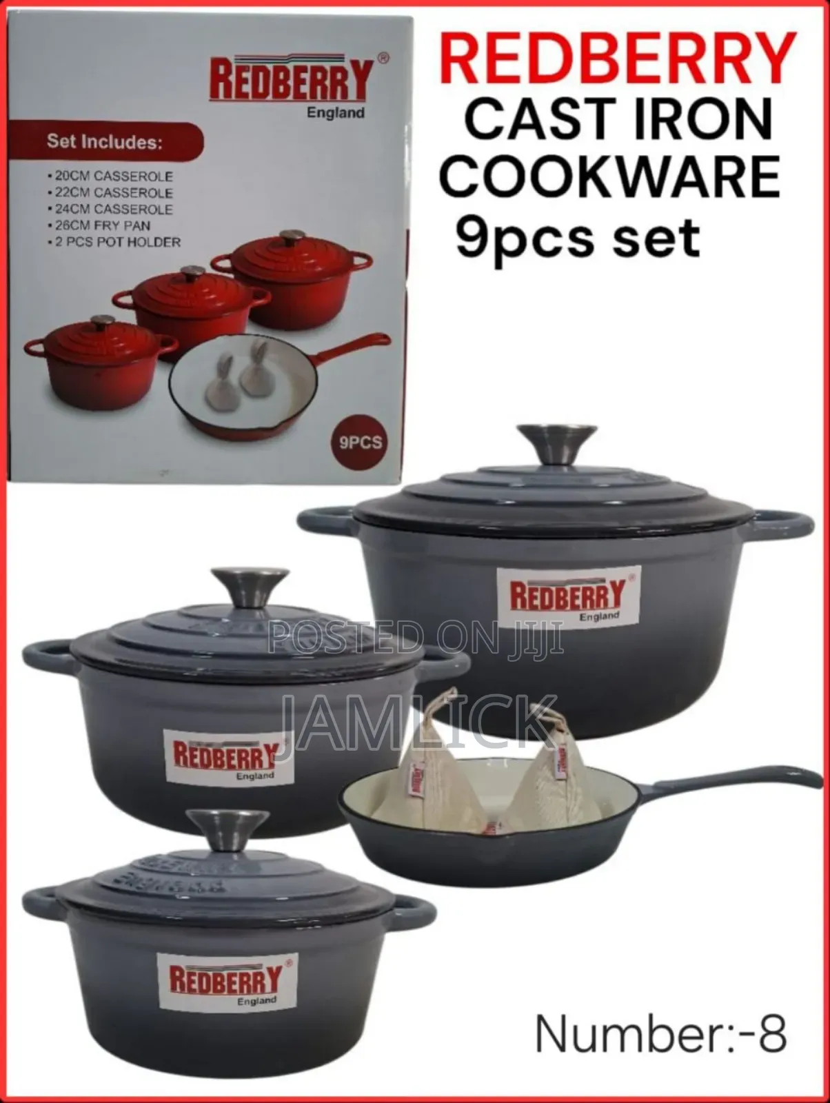 Redberry 9pcs Premium Enamel Coated Cast Iron Cookware Set –Red