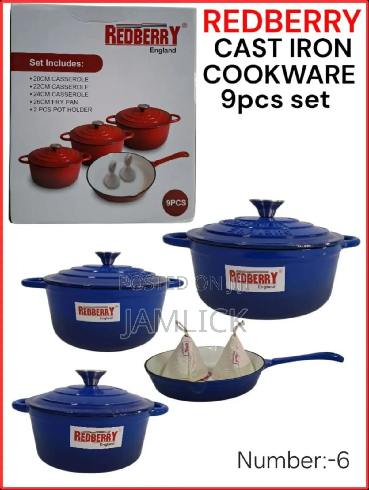 Redberry 9pcs Premium Enamel Coated Cast Iron Cookware Set –Red