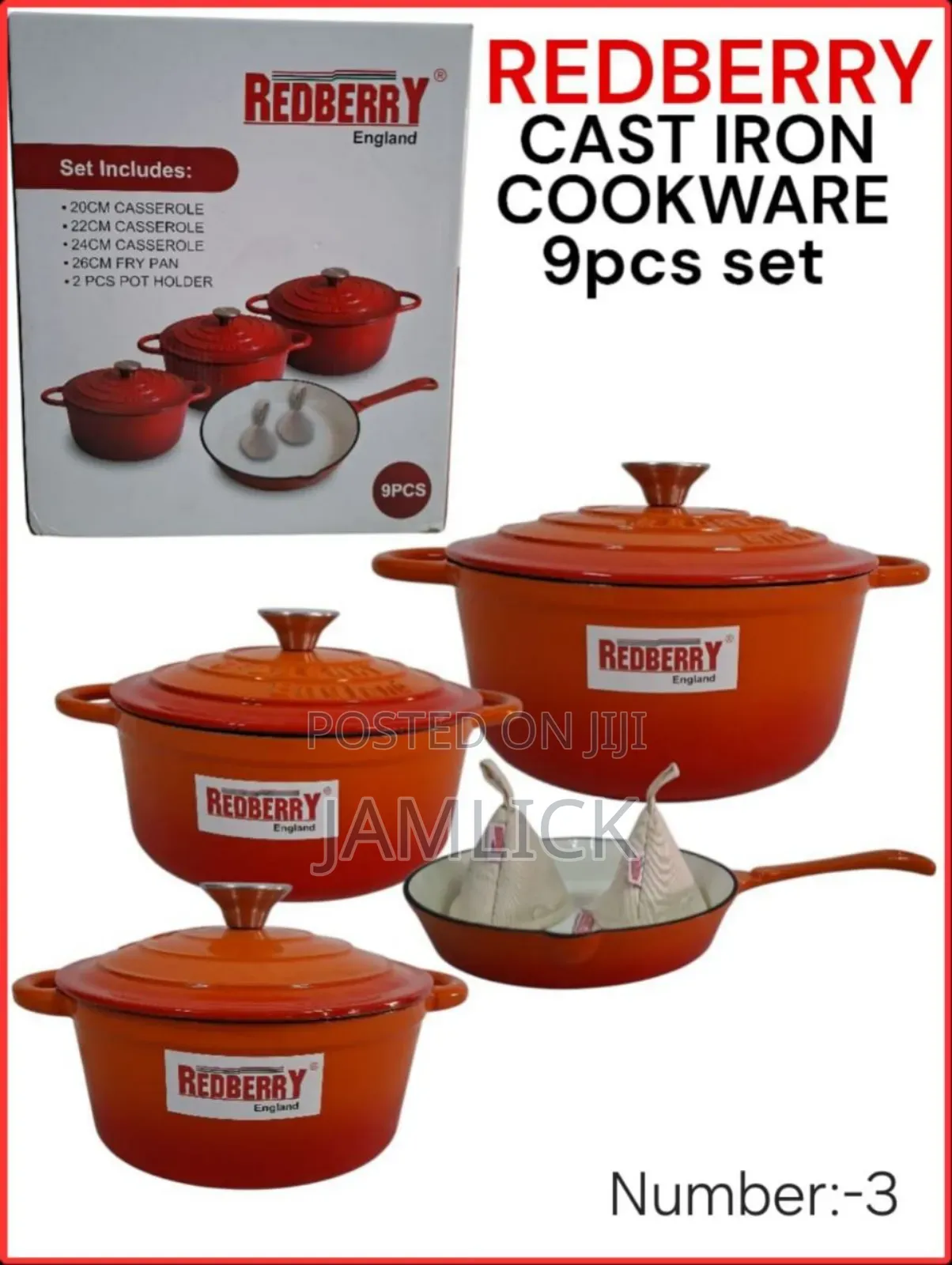 Redberry 9pcs Premium Enamel Coated Cast Iron Cookware Set –Red