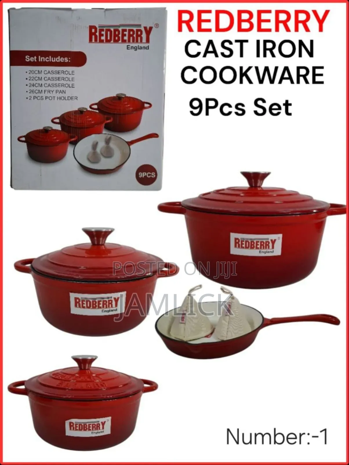 Redberry 9pcs Premium Enamel Coated Cast Iron Cookware Set –Red