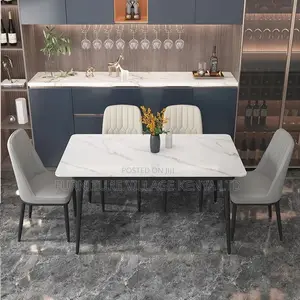 Dining Set; 4-Seater Marble Table and Leather Chair Dining Set