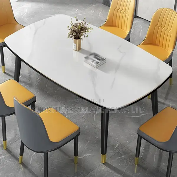 Dining Set; 4-Seater Marble Table and Leather Chair Dining Set