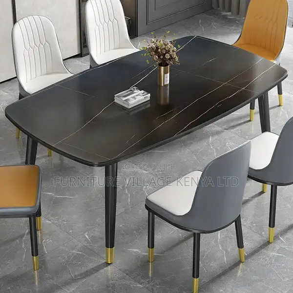 Dining Set; 4-Seater Marble Table and Leather Chair Dining Set