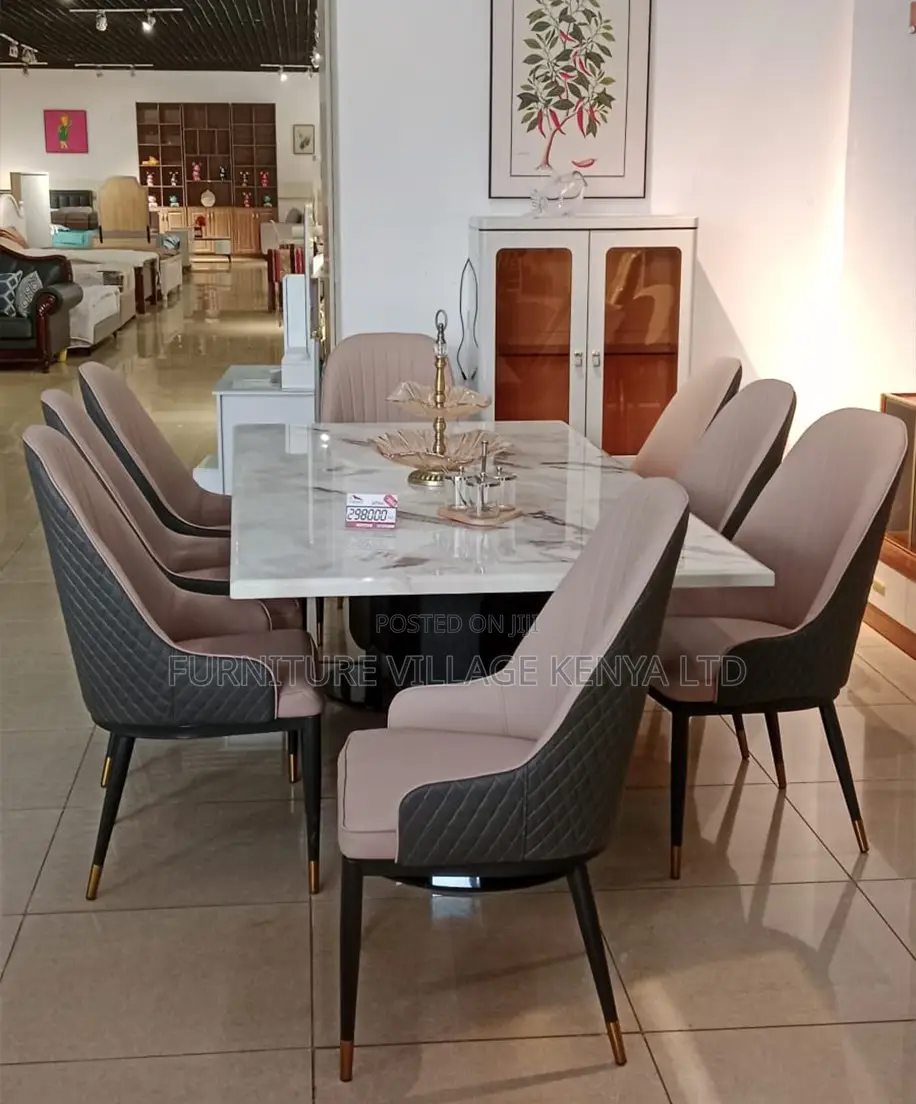 Dining Set; 4-Seater Marble Table and Leather Chair Dining Set