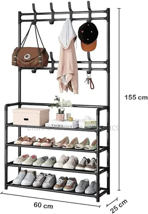Combines a Coat Rack, Hat Stand, and Shoe Storage Shelf.