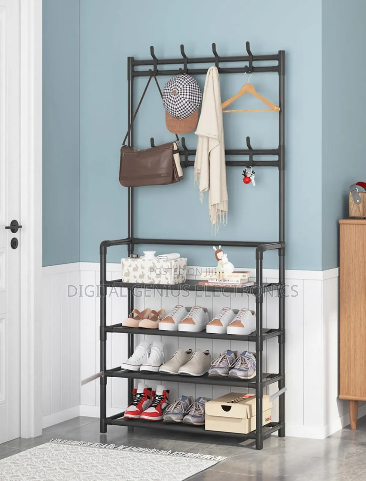 Combines a Coat Rack, Hat Stand, and Shoe Storage Shelf.