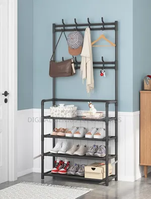 Combines a Coat Rack, Hat Stand, and Shoe Storage Shelf.