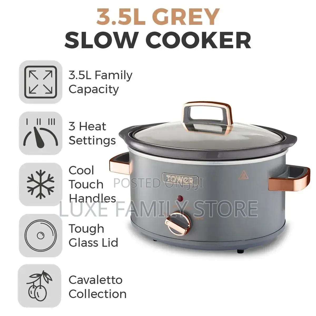 Tower Cavaletto 3.5 Litre Slow Cooker in Grey and Rose Gold.