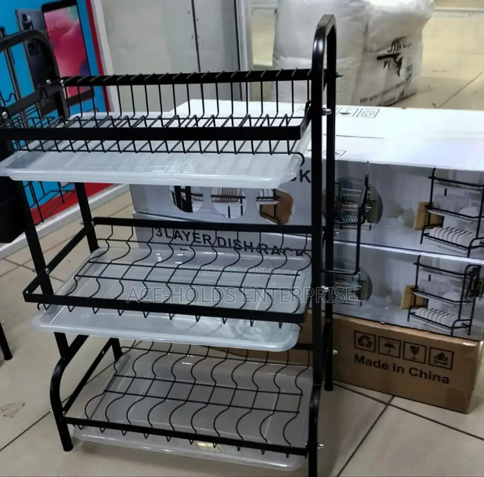 3 Tier Cabon Dish Rack With Collecting Water Tray (Black)