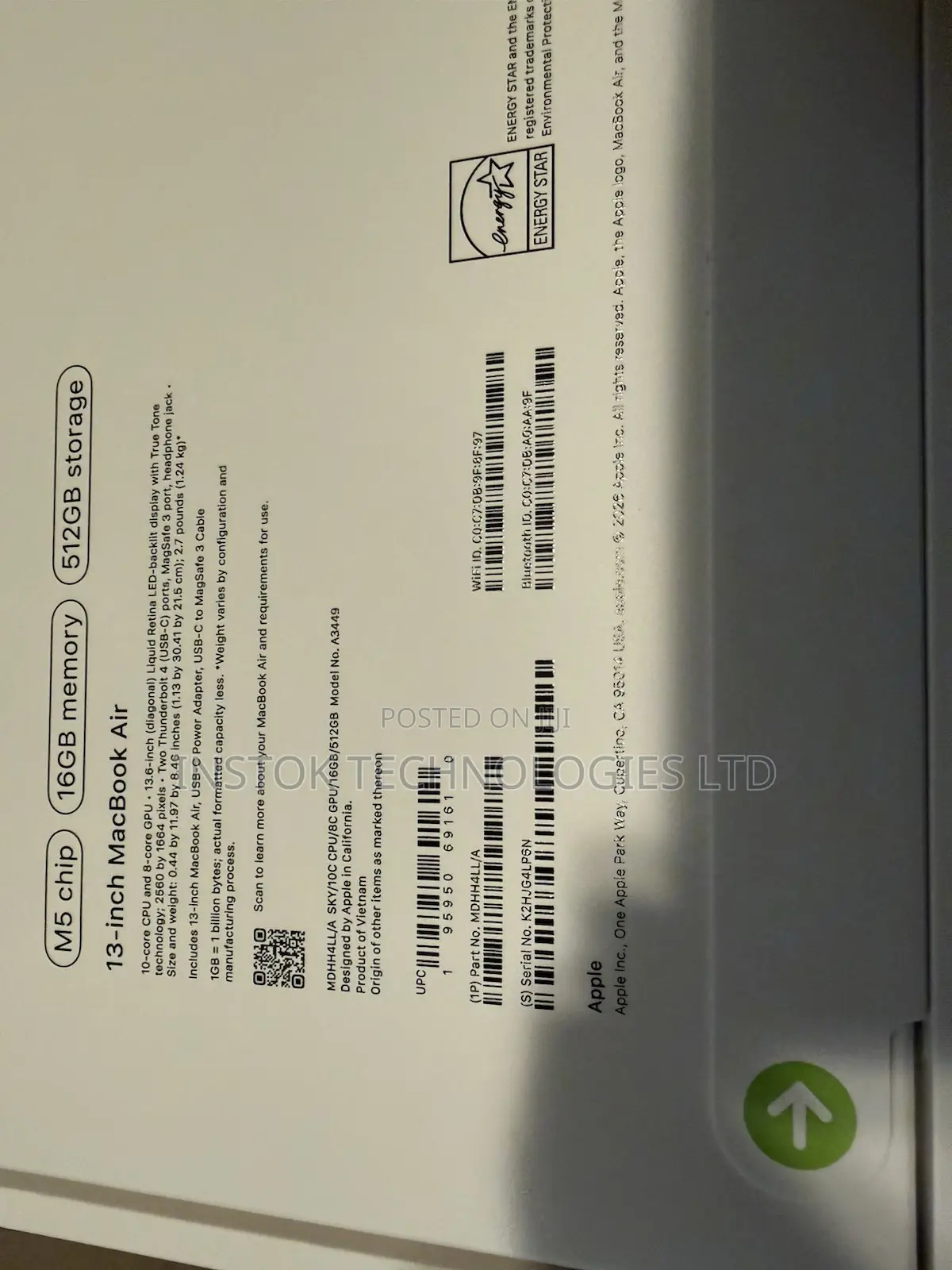 New Laptop Apple MacBook Air 2026 M5 13-inch 16GB Apple M5 SSD 512GB