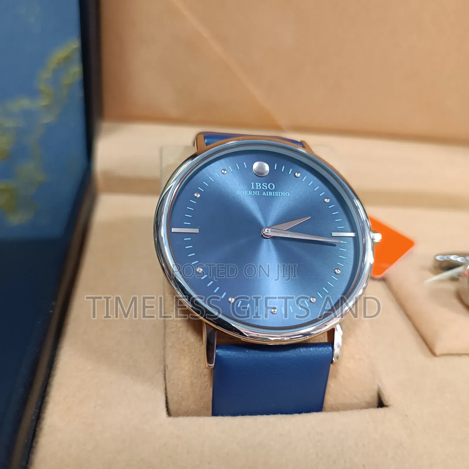 Ibso Analog Blue Dial Watch Gold-Colored Bezel Blue Leather Strap