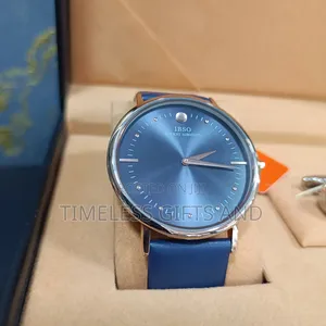 Ibso Analog Blue Dial Watch Gold-Colored Bezel Blue Leather Strap