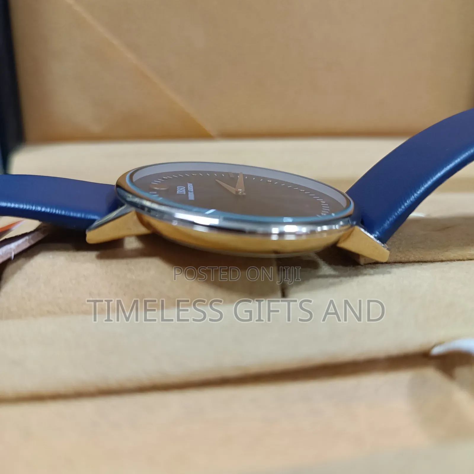 Ibso Analog Blue Dial Watch Gold-Colored Bezel Blue Leather Strap