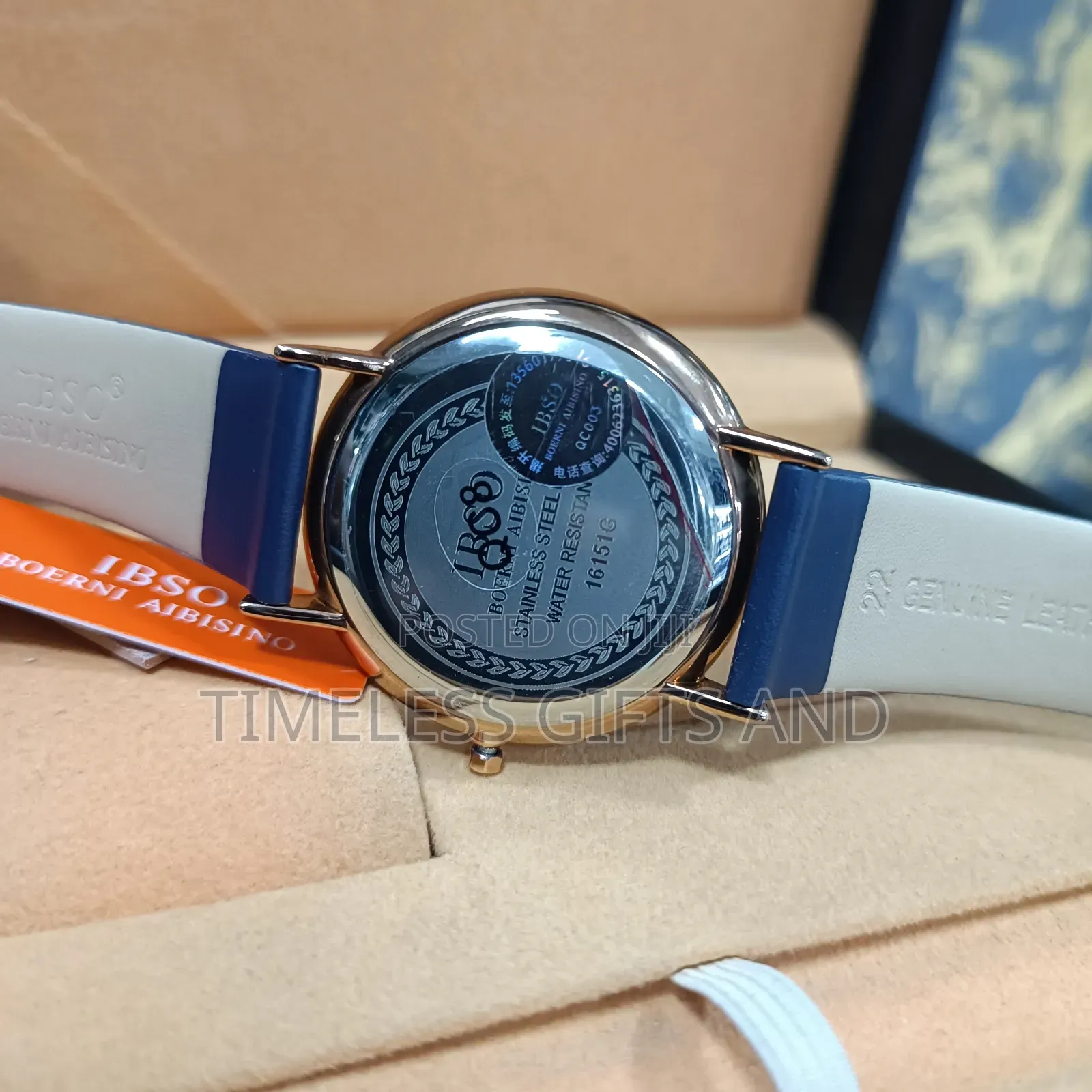 Ibso Analog Blue Dial Watch Gold-Colored Bezel Blue Leather Strap