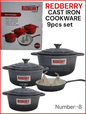 Redberry Premium Range of Enamel Coted Cast Iron Cookware 9 PCS Set