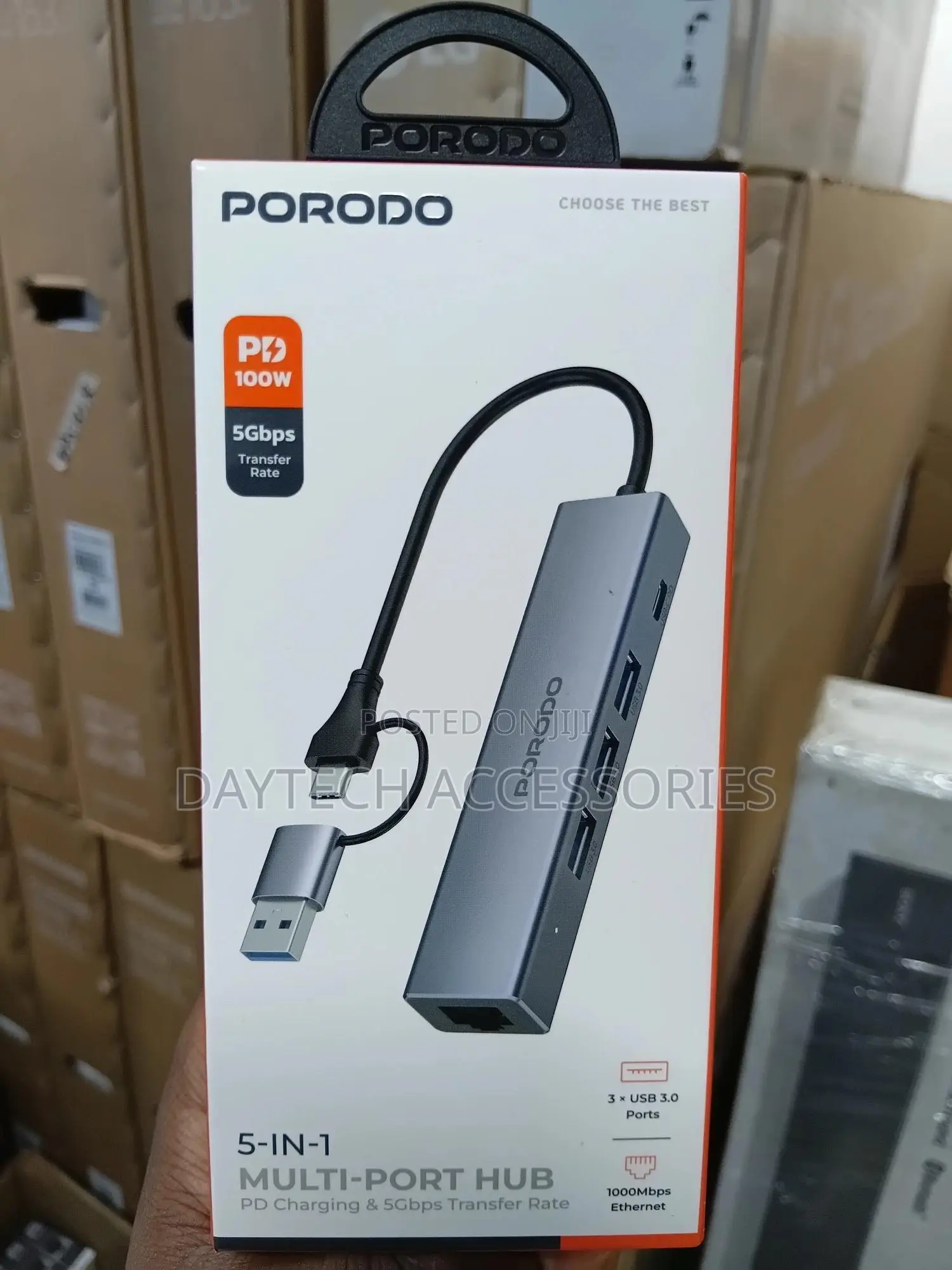 Porodo 5-in-1 Multi-Port Hub Pd Charging 5gbps Transfer Rate - Gray