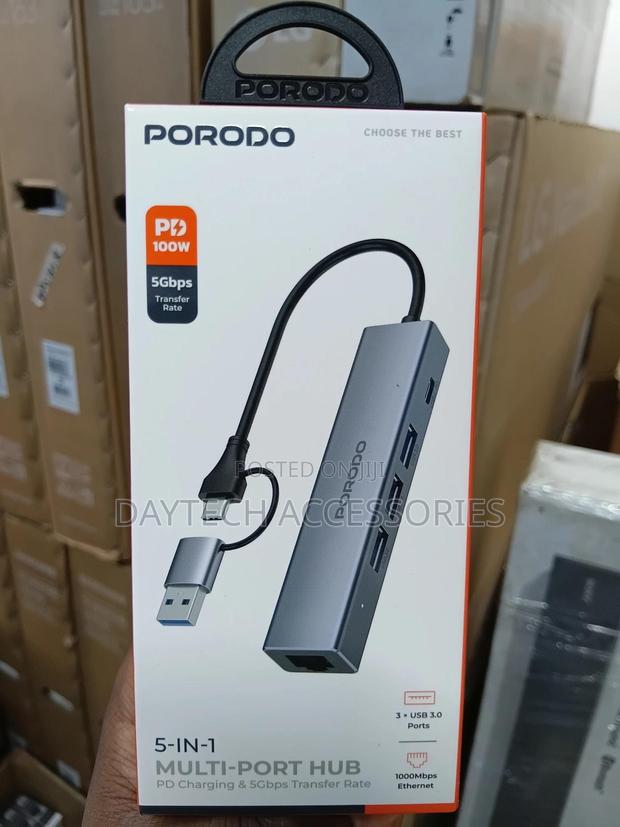 Porodo 5-in-1 Multi-Port Hub Pd Charging 5gbps Transfer Rate - Gray - main view