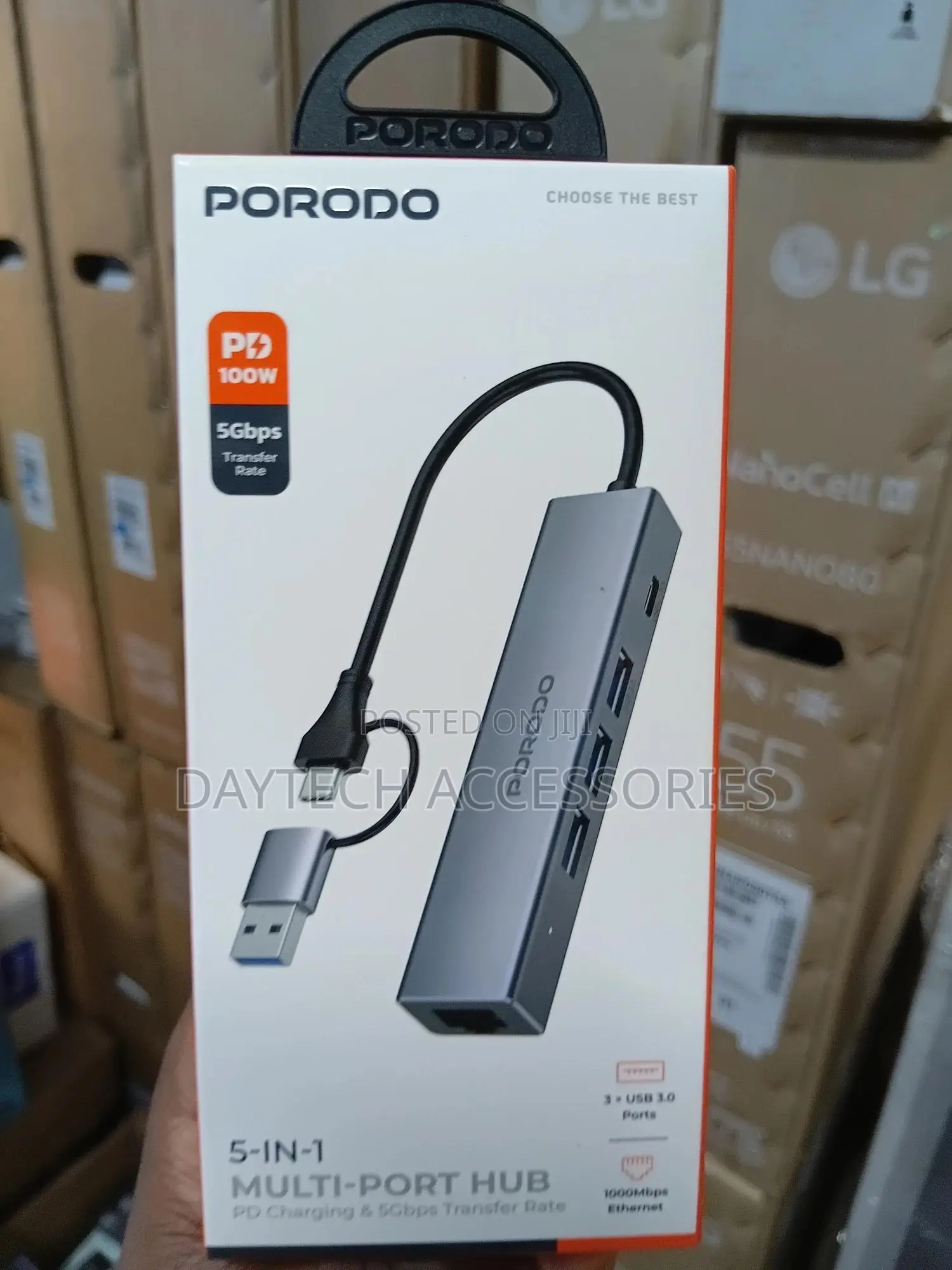 Porodo 5-in-1 Multi-Port Hub Pd Charging 5gbps Transfer Rate - Gray