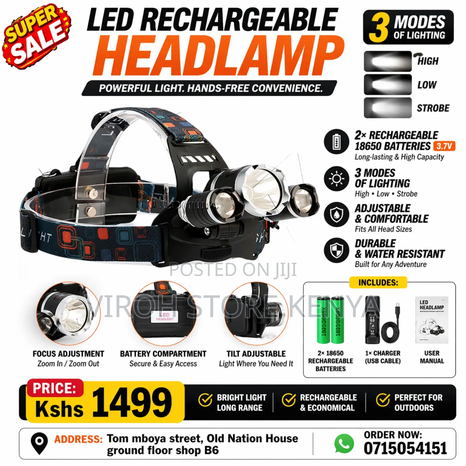 Led Rechargeable Headlamp Torch Two Batteries