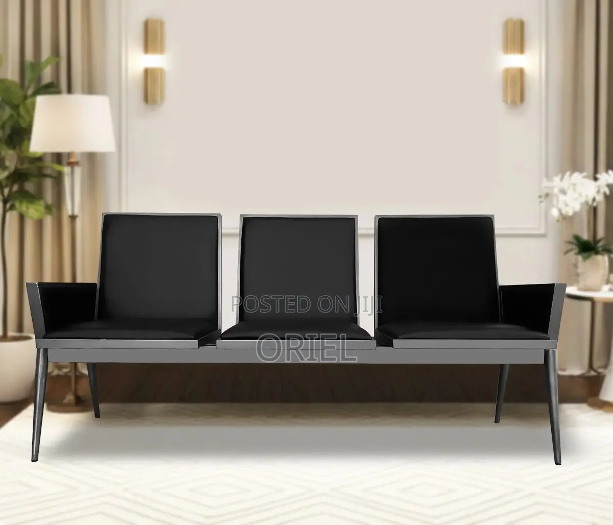 Office Bench : 3-Seater Cushioned Office Waiting Bench With Arms