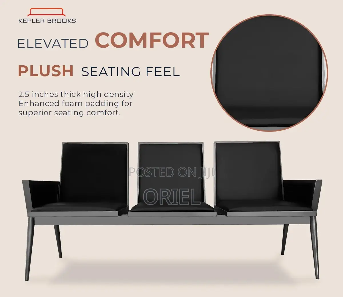 Office Bench : 3-Seater Cushioned Office Waiting Bench With Arms