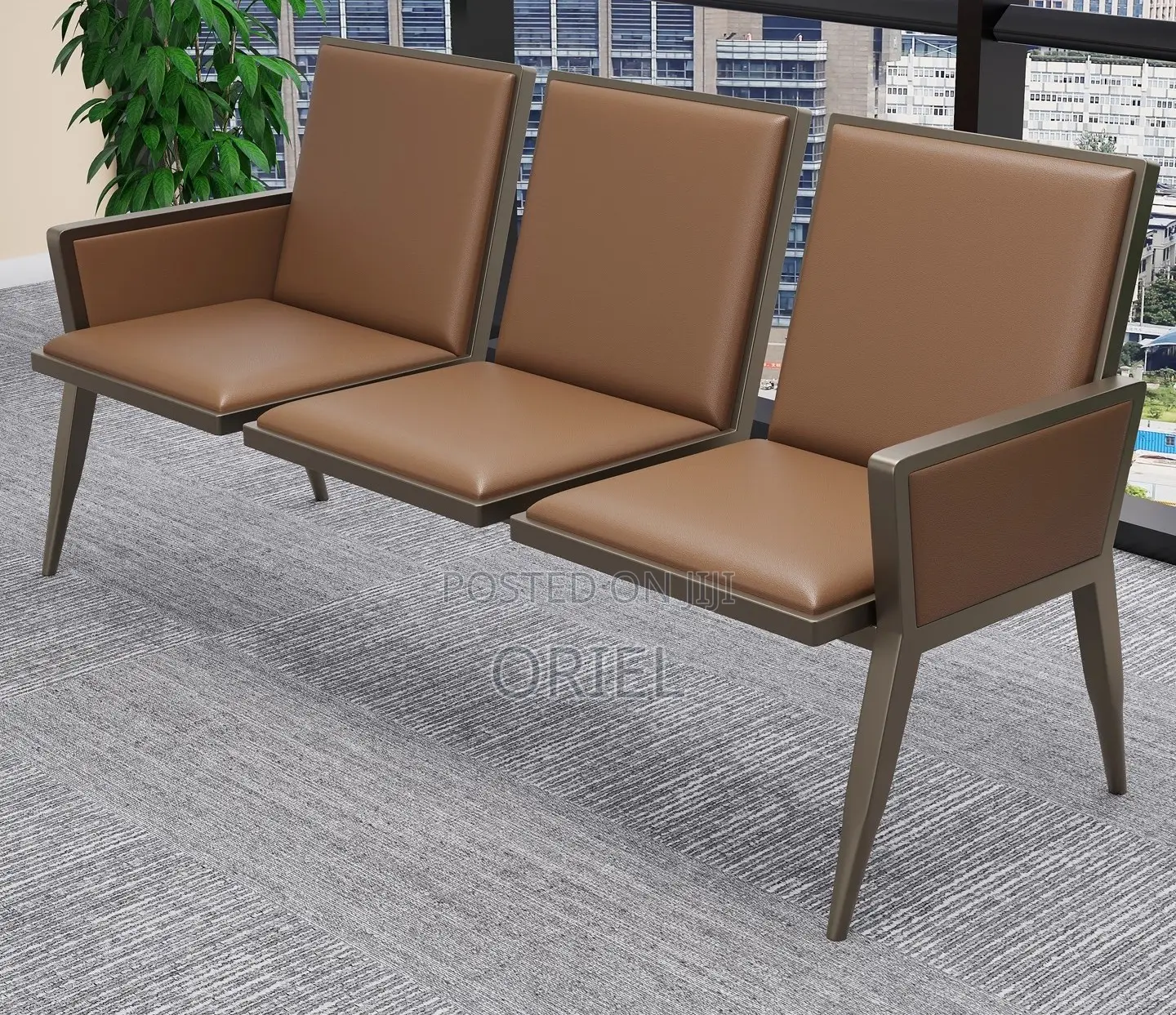 Office Bench : 3-Seater Cushioned Office Waiting Bench With Arms
