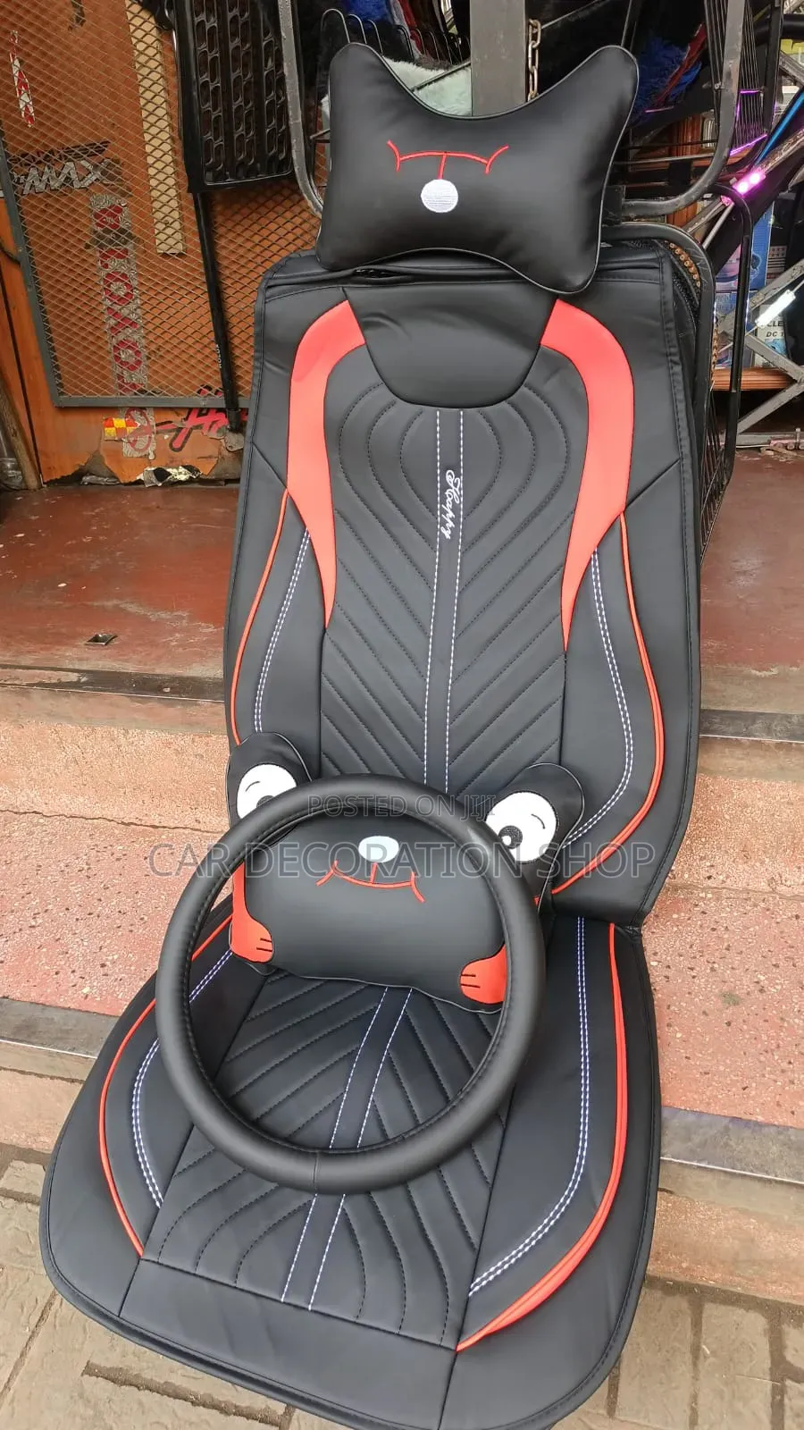 Leather 5seater Black Red Seat Cover With Steering, Pillow,Backrest