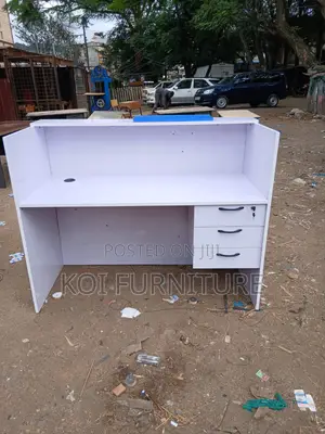 Desk : 1.6m Modern Reception Desk Featuring White Blue Color Scheme