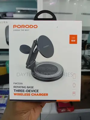 Porodo Rotating Base Three-Device Wireless Charger (Model: Fwc039).
