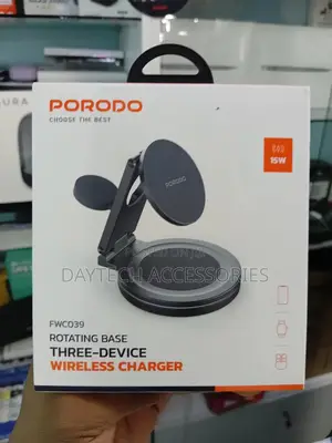 Porodo Rotating Base Three-Device Wireless Charger (Model: Fwc039).
