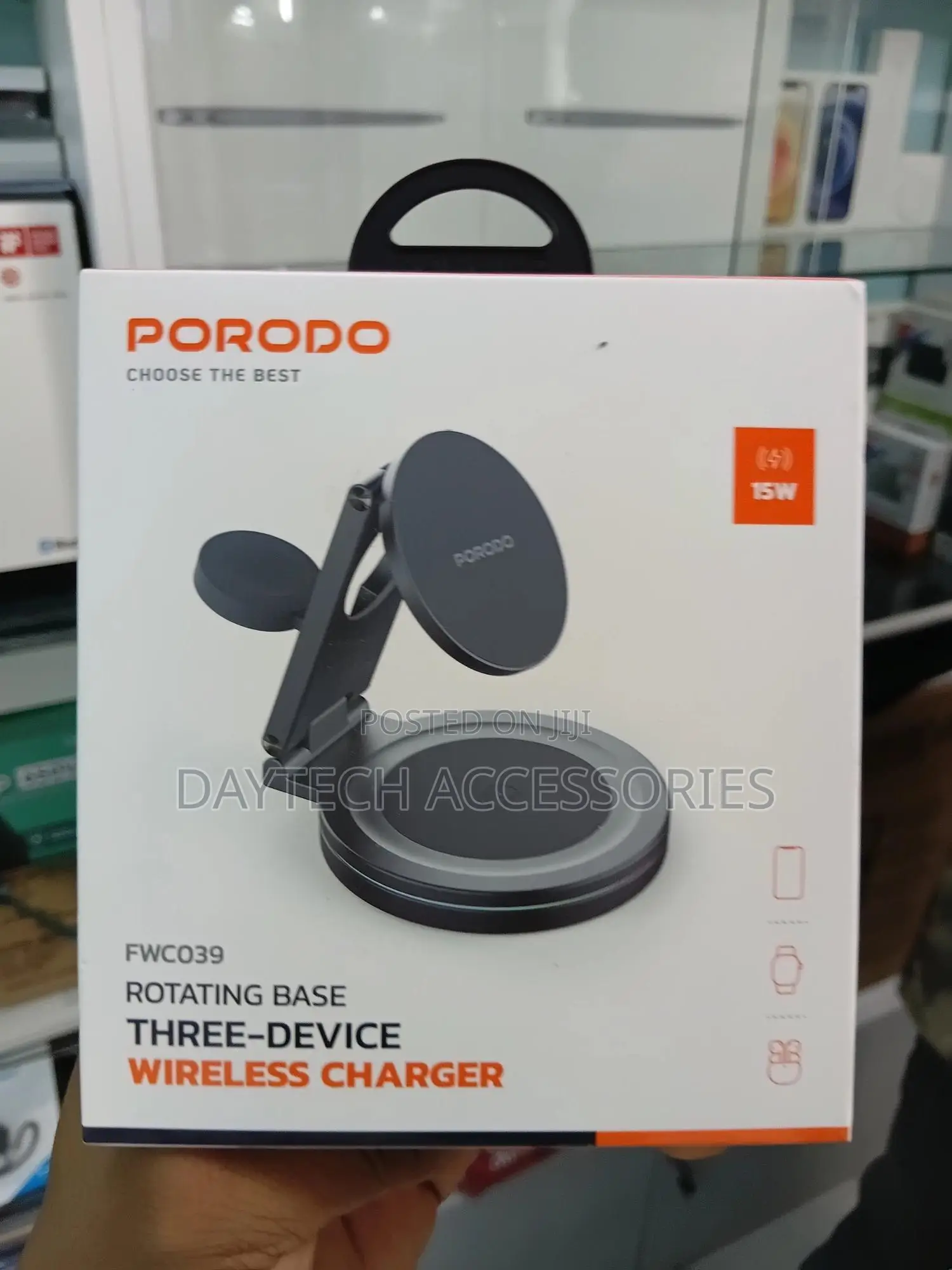 Porodo Rotating Base Three-Device Wireless Charger (Model: Fwc039).