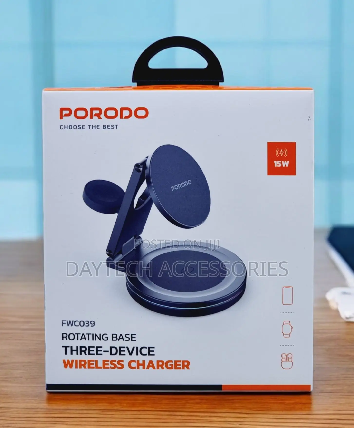 Porodo 3 in 1 Wireless Charger With Rotating Base 15w Fast Charging.
