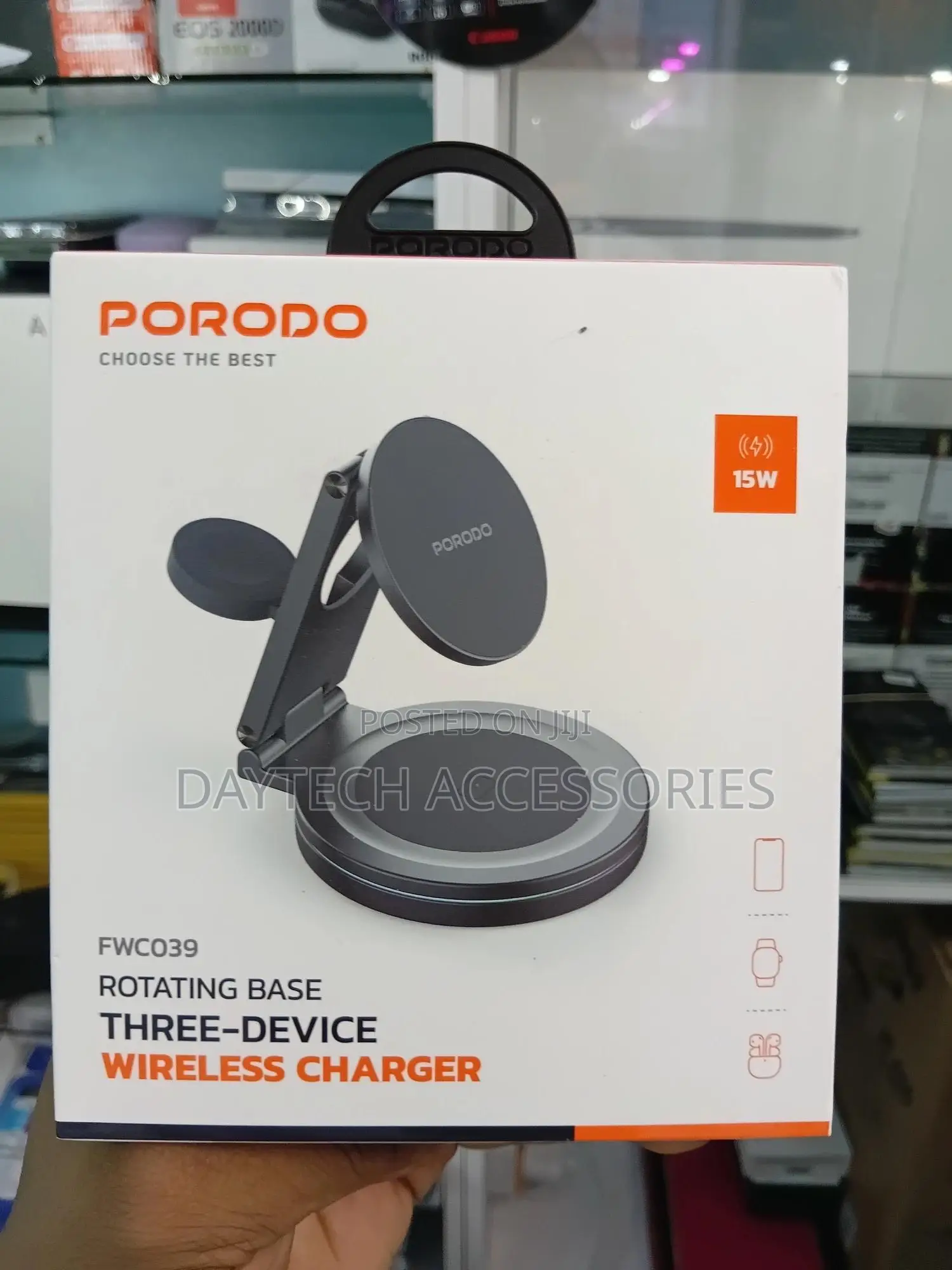 Porodo 3 in 1 Wireless Charger With Rotating Base 15w Fast Charging.