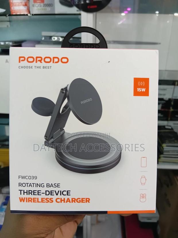 Porodo 3 in 1 Wireless Charger With Rotating Base 15w Fast Charging. - thumbnail 3