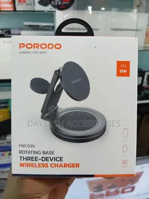 Porodo 3 in 1 Wireless Charger With Rotating Base 15w Fast Charging.