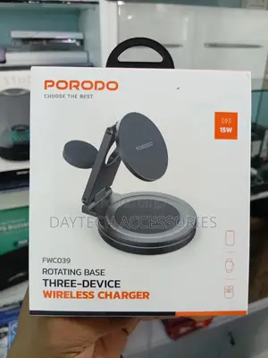 Porodo Rotating Base Three-Device Wireless Charger Stand.