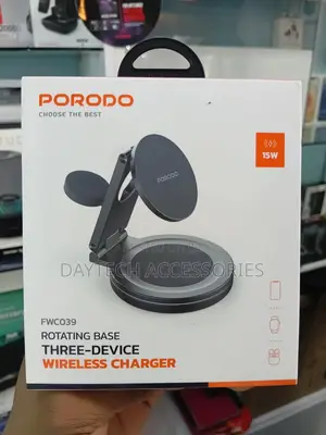 Porodo Rotating Base Three-Device Wireless Charger Stand.