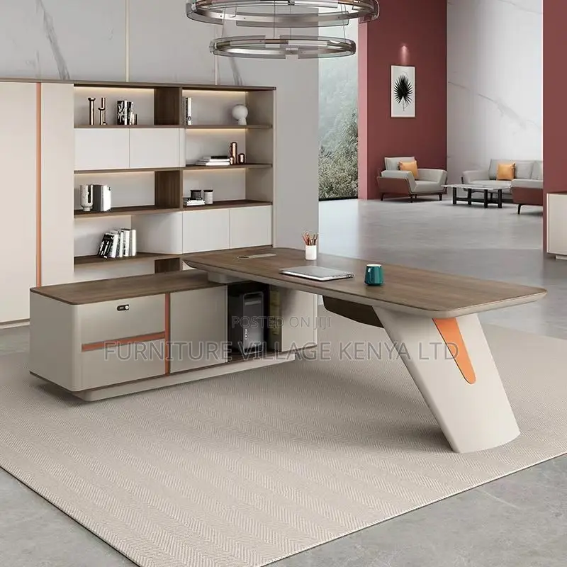 L-Shape Modern Executive Desk Brown Office Desk With Drawers