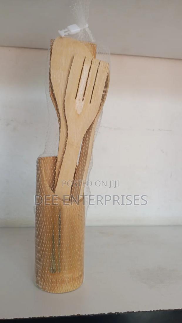 4pc Bamboo Cooking Spoons + Holder Mwiko Set - thumbnail 2