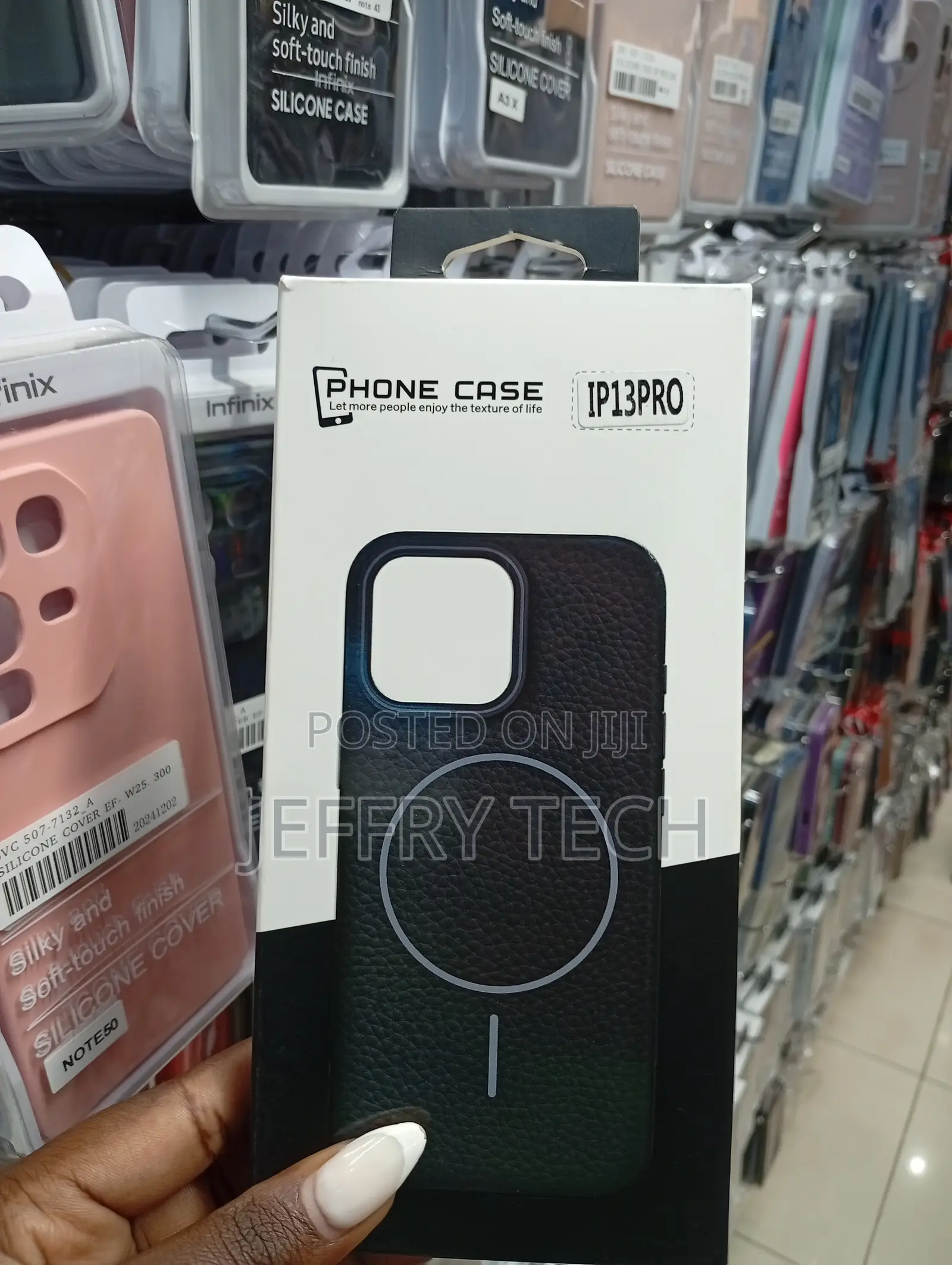 Black Leather-Textured Phone Case for the Apple iPhone 13 Pro.