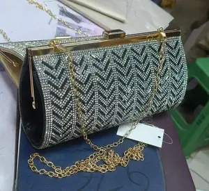 Luxury Rhinestone Chevron Clutch With Metal Frame Chain Strap