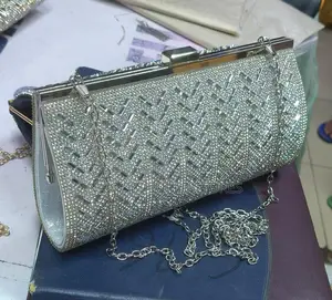 Luxury Rhinestone Chevron Clutch With Metal Frame Chain Strap