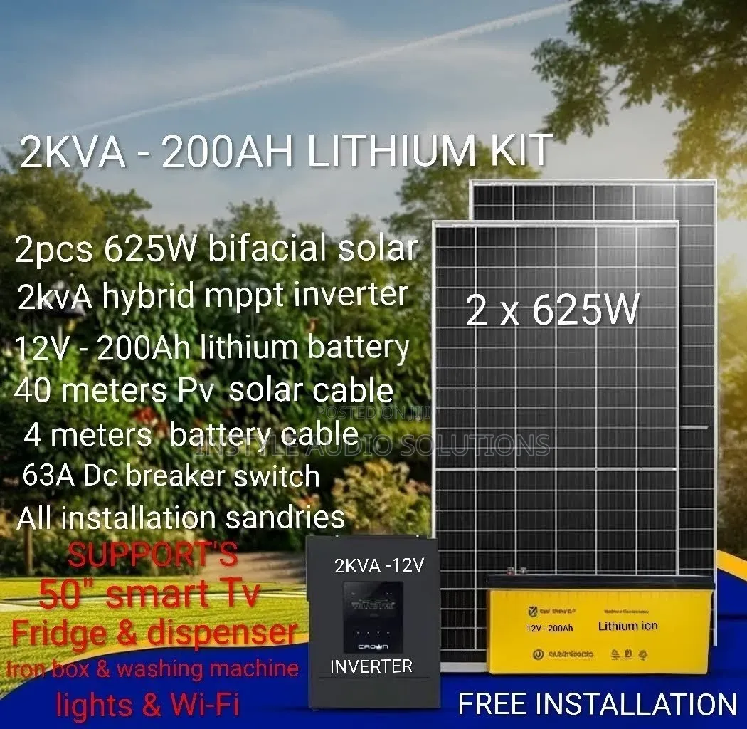 2kva Offgrid System - 200ah Lithium Battery - (2)625w Solar Panels Kit